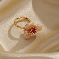 Baroque Style Flower Copper Plating Metal Inlay Artificial Crystal Freshwater Pearl 18k Gold Plated Open Rings main image 2