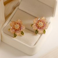 1 Pair Sweet Flower Enamel Plating Inlay Copper Artificial Pearls Crystal 14k Gold Plated Ear Studs main image 1
