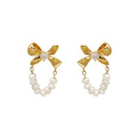 1 Pair Sweet Simple Style Bow Knot Plating Inlay Freshwater Pearl Copper Zircon 18k Gold Plated Earrings main image 5