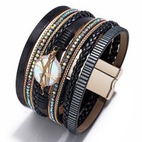 Retro Simple Style Geometric Leather Rope Magnetic Buckle Pearl Plating Inlay Rhinestones Women's Bangle main image 1