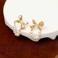1 Pair Sweet Simple Style Bow Knot Plating Inlay Freshwater Pearl Copper Zircon 18k Gold Plated Earrings main image 3
