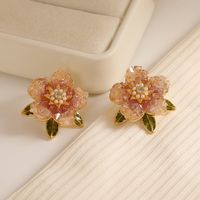 1 Pair Sweet Flower Enamel Plating Inlay Copper Artificial Pearls Crystal 14k Gold Plated Ear Studs main image 2