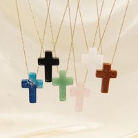 Basic Cross Natural Stone 14K Gold Plated Pendant Necklace In Bulk main image 1