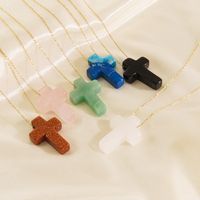 Basic Cross Natural Stone 14K Gold Plated Pendant Necklace In Bulk main image 5