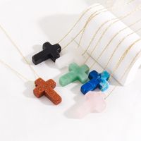 Basic Cross Natural Stone 14K Gold Plated Pendant Necklace In Bulk main image 3