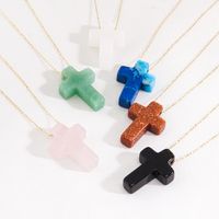 Basic Cross Natural Stone 14K Gold Plated Pendant Necklace In Bulk main image 2