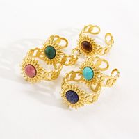 304 Stainless Steel 14K Gold Plated Bohemian Plating Inlay Sun Natural Stone Open Rings main image 1