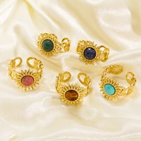 304 Stainless Steel 14K Gold Plated Bohemian Plating Inlay Sun Natural Stone Open Rings main image 2