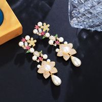 1 Pair Elegant Flower Plating Inlay Copper Artificial Pearls Artificial Diamond Rhodium Plated Silver Plated Drop Earrings main image 7