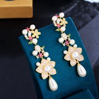 1 Pair Elegant Flower Plating Inlay Copper Artificial Pearls Artificial Diamond Rhodium Plated Silver Plated Drop Earrings main image 5