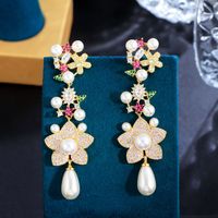 1 Pair Elegant Flower Plating Inlay Copper Artificial Pearls Artificial Diamond Rhodium Plated Silver Plated Drop Earrings main image 4