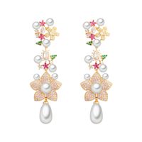 1 Pair Elegant Flower Plating Inlay Copper Artificial Pearls Artificial Diamond Rhodium Plated Silver Plated Drop Earrings main image 2