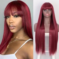 Female Wine-red Head Straight Bangs Hair Synthetic Wigs Wigs sku image 1