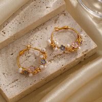 1 Pair Fairy Style Flower Plating Inlay Copper Artificial Crystal Freshwater Pearl 18k Gold Plated Hoop Earrings Drop Earrings main image 4