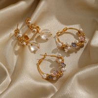 1 Pair Fairy Style Flower Plating Inlay Copper Artificial Crystal Freshwater Pearl 18k Gold Plated Hoop Earrings Drop Earrings main image 2