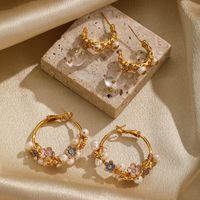 1 Pair Fairy Style Flower Plating Inlay Copper Artificial Crystal Freshwater Pearl 18k Gold Plated Hoop Earrings Drop Earrings main image 3