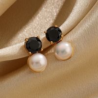 1 Pair Ig Style Round Plating Inlay Copper Freshwater Pearl Zircon 18k Gold Plated Drop Earrings main image 7