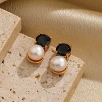 1 Pair Ig Style Round Plating Inlay Copper Freshwater Pearl Zircon 18k Gold Plated Drop Earrings main image 2