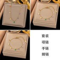 304 Stainless Steel 18K Gold Plated Sweet Inlay Oval Rectangle Artificial Rhinestones Bracelets Necklace sku image 4