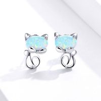 1 Pair Cute Simple Style Paw Print Cat Inlay Sterling Silver Zircon Ear Studs main image 2