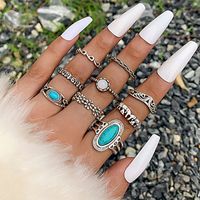 Bohemian Snake Element Green Dripping Oil Fashion Color Vintage Silver Multi-piece Ring main image 12