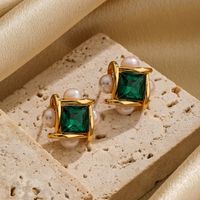 1 Pair Ig Style Square Plating Inlay Copper Freshwater Pearl Glass Zircon 18k Gold Plated Silver Plated Ear Studs main image 8