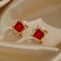 1 Pair Ig Style Square Plating Inlay Copper Freshwater Pearl Glass Zircon 18k Gold Plated Silver Plated Ear Studs main image 2