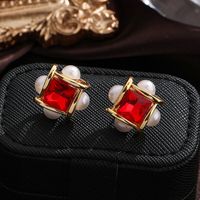 1 Pair Ig Style Square Plating Inlay Copper Freshwater Pearl Glass Zircon 18k Gold Plated Silver Plated Ear Studs main image 6