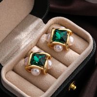 1 Pair Ig Style Square Plating Inlay Copper Freshwater Pearl Glass Zircon 18k Gold Plated Silver Plated Ear Studs main image 5