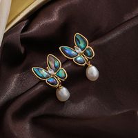 1 Pair Ig Style Butterfly Plating Inlay Metal Copper Freshwater Pearl Shell 18k Gold Plated Silver Plated Drop Earrings main image 2