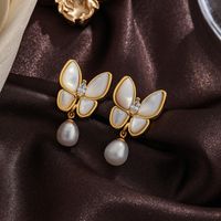 1 Pair Ig Style Butterfly Plating Inlay Metal Copper Freshwater Pearl Shell 18k Gold Plated Silver Plated Drop Earrings main image 3