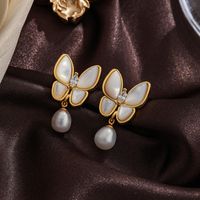 1 Paire Style Ig Papillon Placage Incruster Métal Le Cuivre Perle D'eau Douce Coquille Plaqué Or 18k Plaqué Argent Boucles D'oreilles main image 3