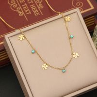 Wholesale Retro Commute Tree Butterfly 304 Stainless Steel Copper Plating Inlay 18K Gold Plated Turquoise Necklace sku image 1