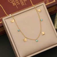 Wholesale Retro Commute Tree Butterfly 304 Stainless Steel Copper Plating Inlay 18K Gold Plated Turquoise Necklace sku image 4