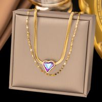 304 Stainless Steel 18K Gold Plated Simple Style Plating Inlay Heart Shape Artificial Rhinestones Double Layer Necklaces main image 1