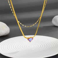 304 Stainless Steel 18K Gold Plated Simple Style Plating Inlay Heart Shape Artificial Rhinestones Double Layer Necklaces main image 5