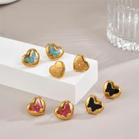 1 Pair Cute Heart Shape Enamel Plating Inlay Stainless Steel Zircon 18K Gold Plated Ear Studs main image 1