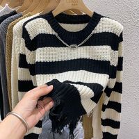 Women's Sweater Long Sleeve Sweaters & Cardigans Tassel Casual Stripe Solid Color sku image 3