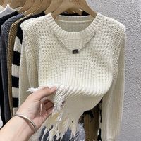 Women's Sweater Long Sleeve Sweaters & Cardigans Tassel Casual Stripe Solid Color sku image 5