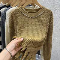 Women's Sweater Long Sleeve Sweaters & Cardigans Tassel Casual Stripe Solid Color sku image 17