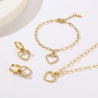 Titanium Steel 18K Gold Plated Simple Style Plating Inlay Heart Shape Rhinestones Bracelets Necklace Jewelry Set main image 6