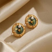 1 Pair Elegant Retro Flower Painted Plating Inlay Copper Freshwater Pearl 18k Gold Plated Ear Studs main image 2