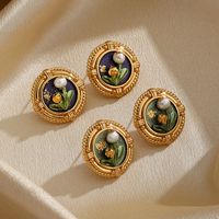 1 Pair Elegant Retro Flower Painted Plating Inlay Copper Freshwater Pearl 18k Gold Plated Ear Studs main image 5