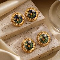 1 Pair Elegant Retro Flower Painted Plating Inlay Copper Freshwater Pearl 18k Gold Plated Ear Studs main image 4