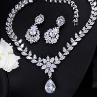 Luxuriös Hochzeit Braut Wassertropfen Blume Kupfer Überzug Inlay Künstliche Edelsteine Weißgold Plattiert Überzogen Mit Rhodium Schmuck-set main image 4