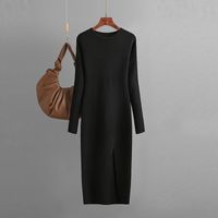 Women's Sweater Dress Casual Round Neck Slit Long Sleeve Solid Color Midi Dress Daily Street main image 5