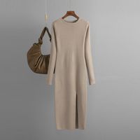 Women's Sweater Dress Casual Round Neck Slit Long Sleeve Solid Color Midi Dress Daily Street main image 4