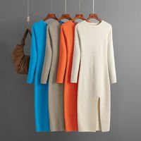 Women's Sweater Dress Casual Round Neck Slit Long Sleeve Solid Color Midi Dress Daily Street main image 1