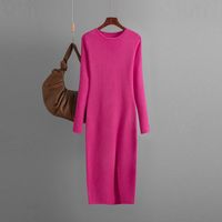 Women's Sweater Dress Casual Round Neck Slit Long Sleeve Solid Color Midi Dress Daily Street main image 3