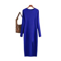 Women's Sweater Dress Casual Round Neck Slit Long Sleeve Solid Color Midi Dress Daily Street main image 2